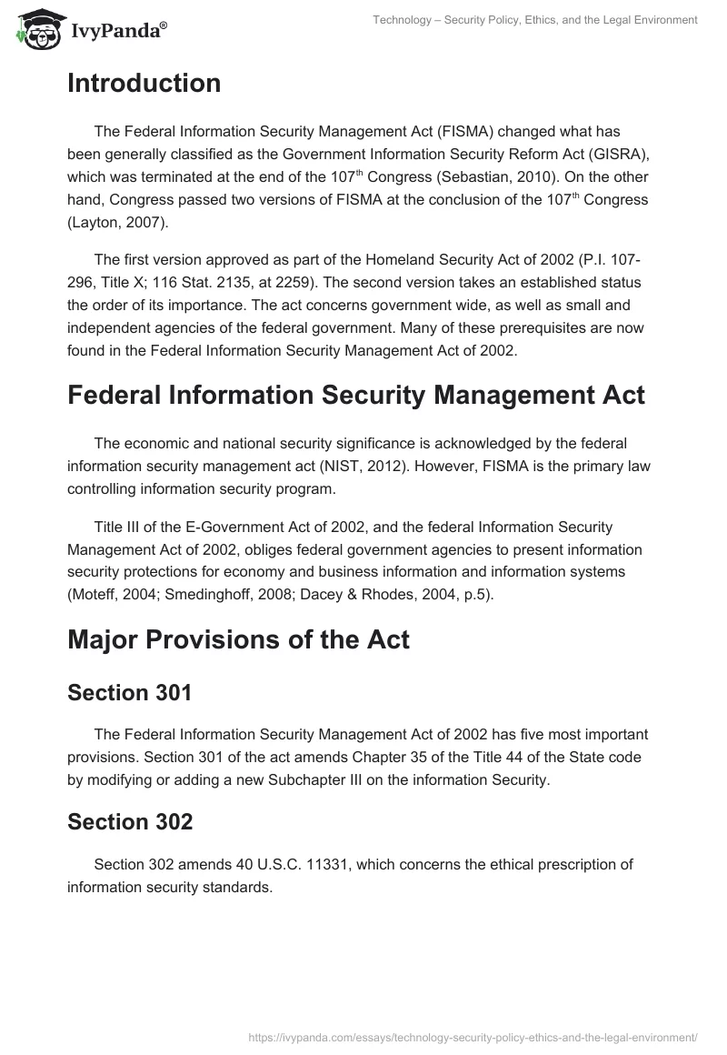 Technology – Security Policy, Ethics, and the Legal Environment. Page 2