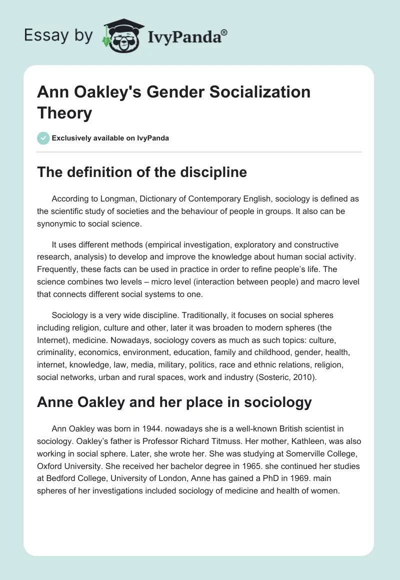 Ann Oakley’s Gender Socialization Theory Essay. Page 1