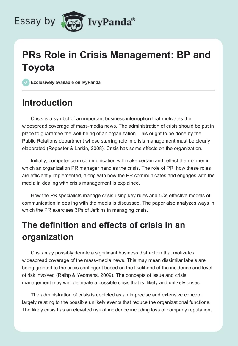 PRs Role in Crisis Management: BP and Toyota. Page 1
