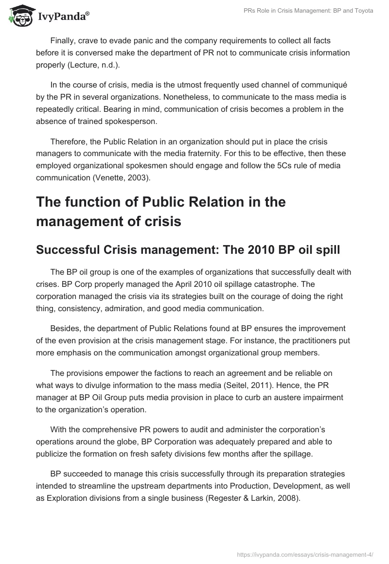 PRs Role in Crisis Management: BP and Toyota. Page 4