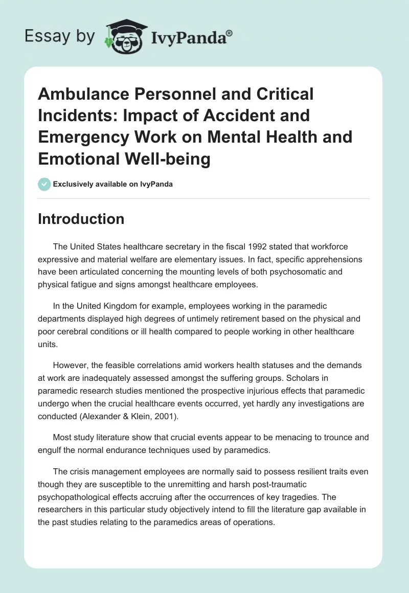 Ambulance Personnel and Critical Incidents: Impact of Accident and Emergency Work on Mental Health and Emotional Well-Being. Page 1