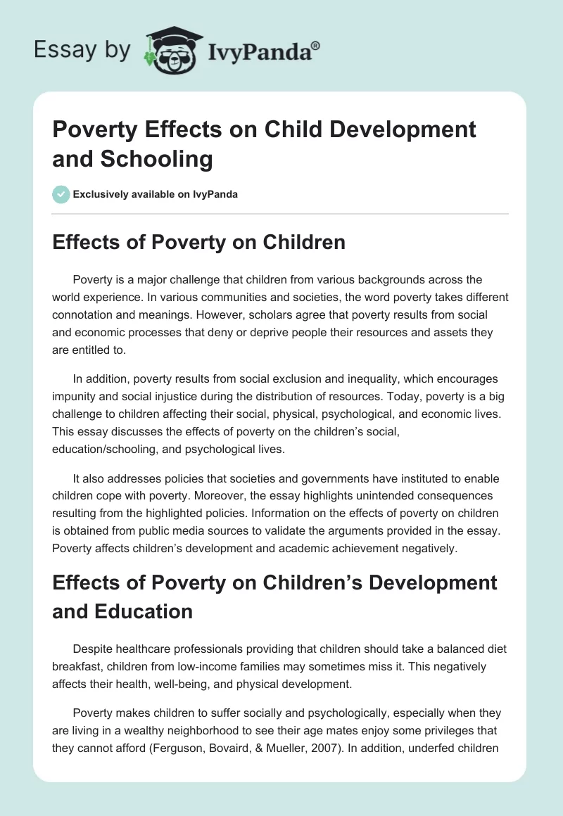 Poverty Effects on Child Development and Schooling. Page 1