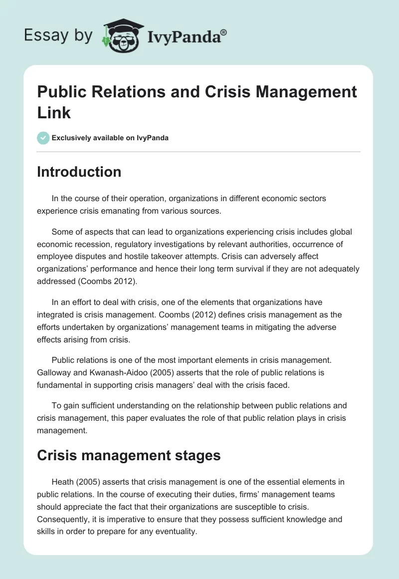 Public Relations and Crisis Management Link. Page 1