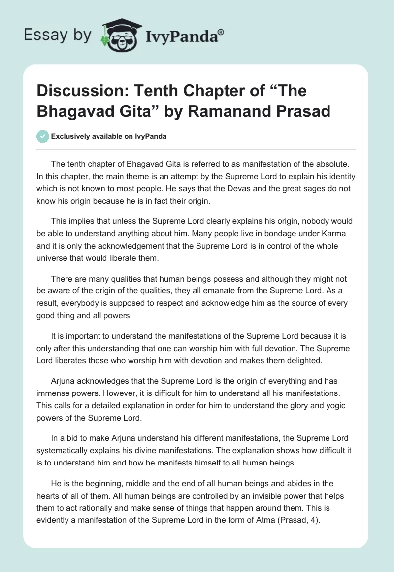 Discussion: Tenth Chapter of “The Bhagavad Gita” by Ramanand Prasad. Page 1