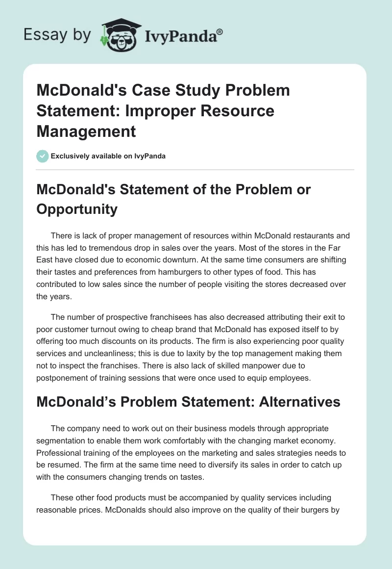 McDonald's Case Study Problem Statement: Improper Resource Management. Page 1