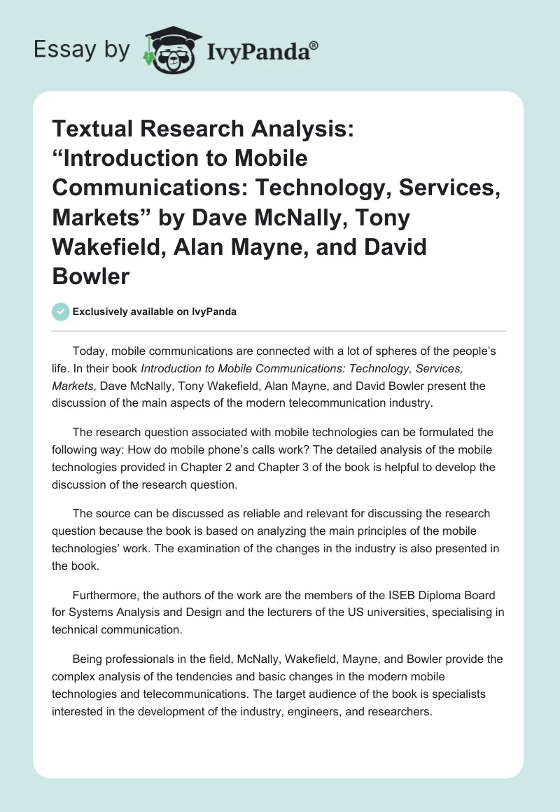 Textual Research Analysis: “Introduction to Mobile Communications: Technology, Services, Markets” by Dave McNally, Tony Wakefield, Alan Mayne, and David Bowler. Page 1