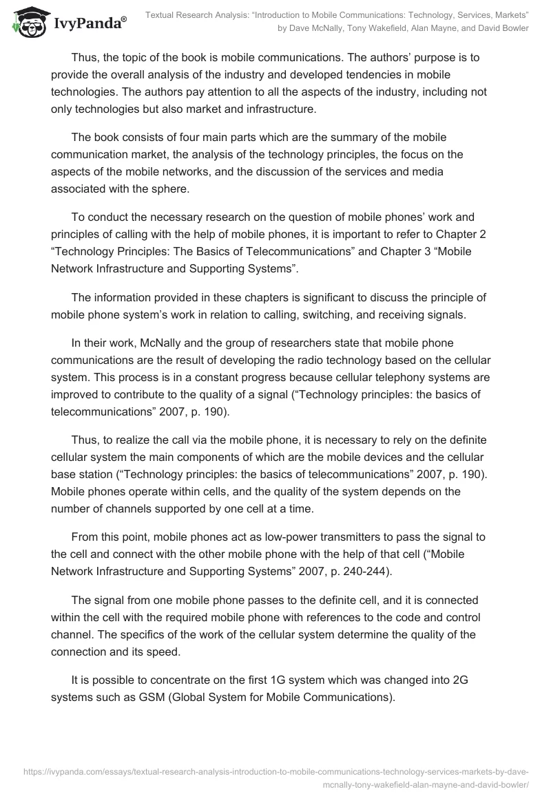 Textual Research Analysis: “Introduction to Mobile Communications: Technology, Services, Markets” by Dave McNally, Tony Wakefield, Alan Mayne, and David Bowler. Page 2