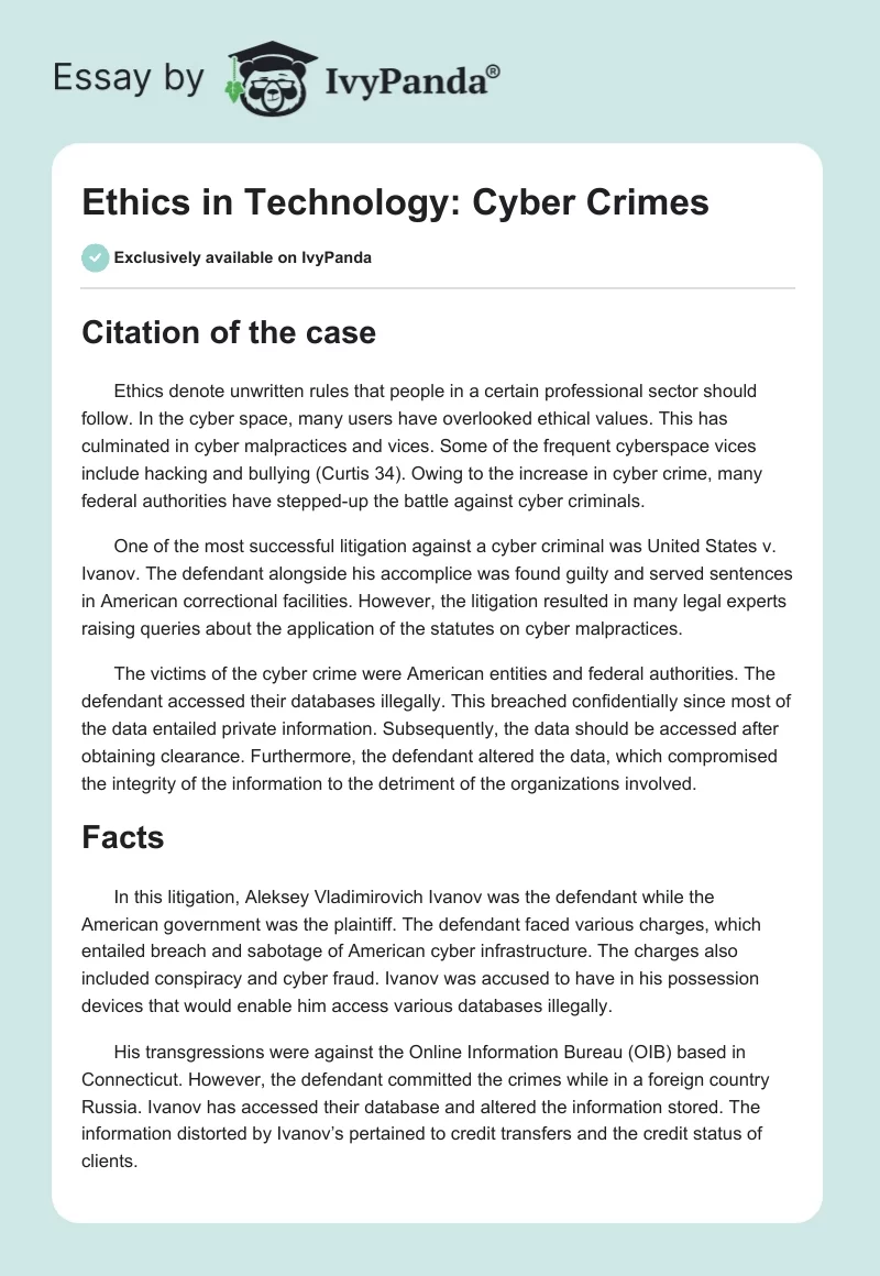 Ethics in Technology: Cyber Crimes. Page 1