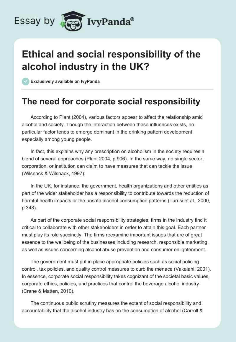Ethical and Social Responsibility of the Alcohol Industry in the UK?. Page 1