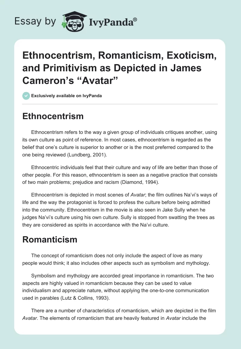 Ethnocentrism, Romanticism, Exoticism, and Primitivism as Depicted in James Cameron’s “Avatar”. Page 1