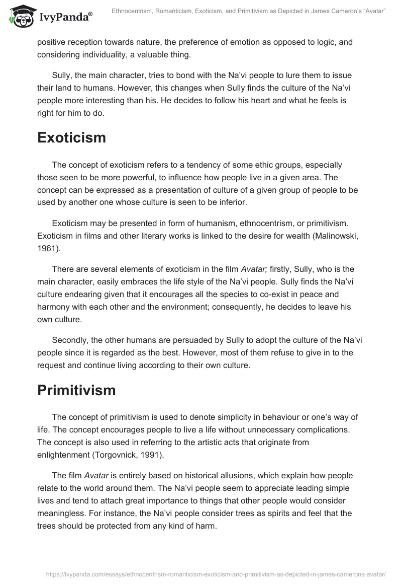 Ethnocentrism, Romanticism, Exoticism, and Primitivism as Depicted in James Cameron’s “Avatar”. Page 2