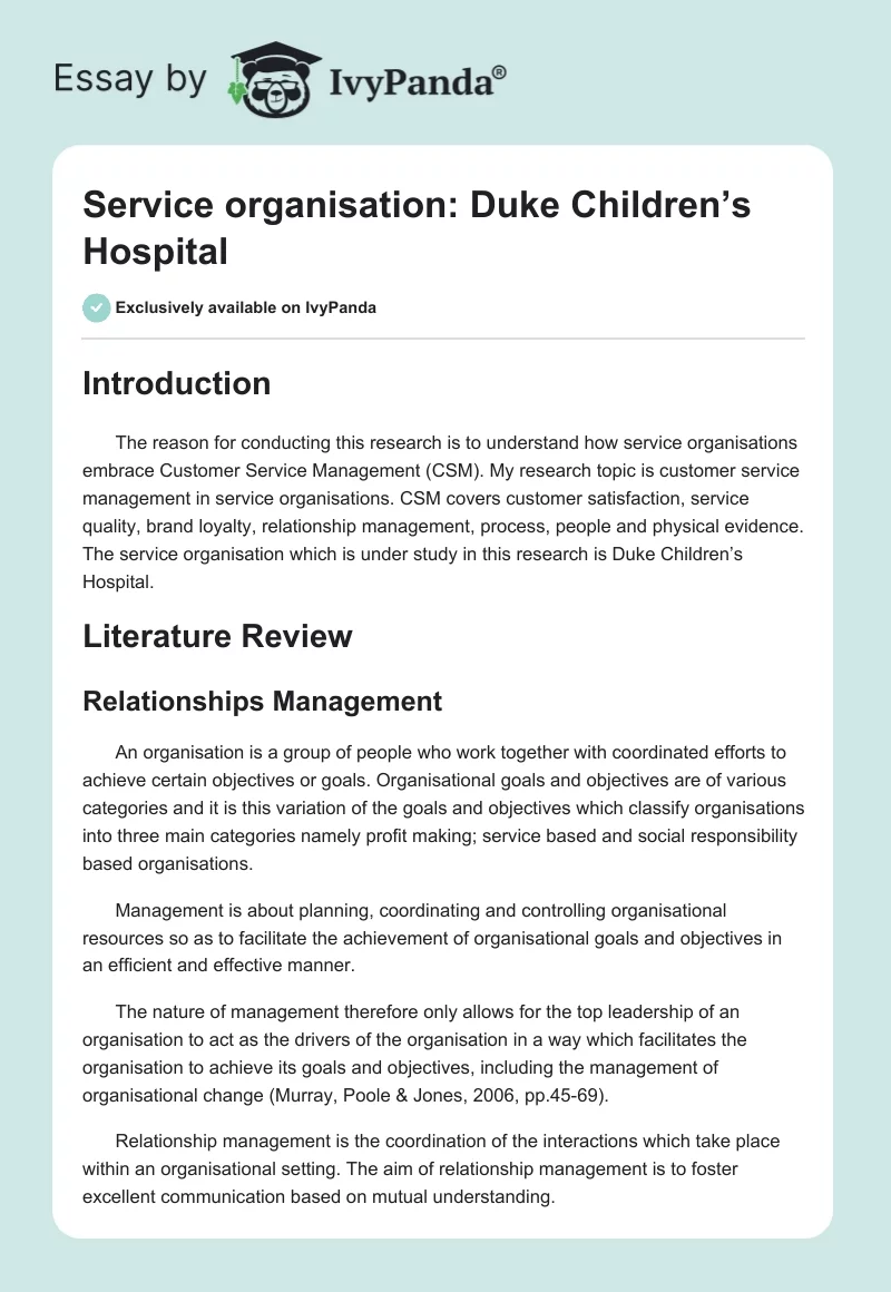 Service Organisation: Duke Children’s Hospital. Page 1