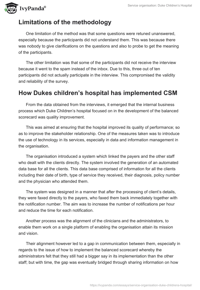 Service Organisation: Duke Children’s Hospital. Page 5
