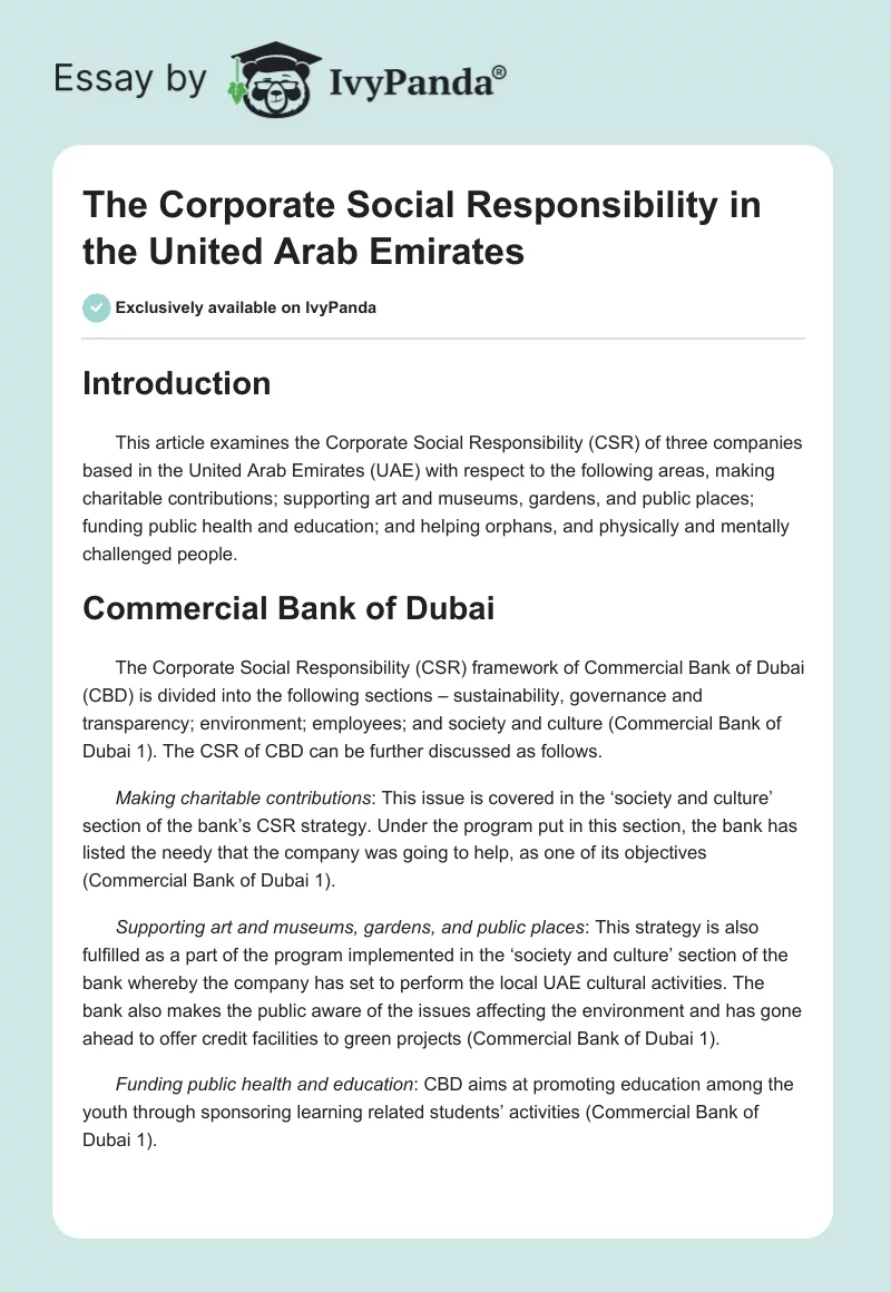 The Corporate Social Responsibility in the United Arab Emirates. Page 1