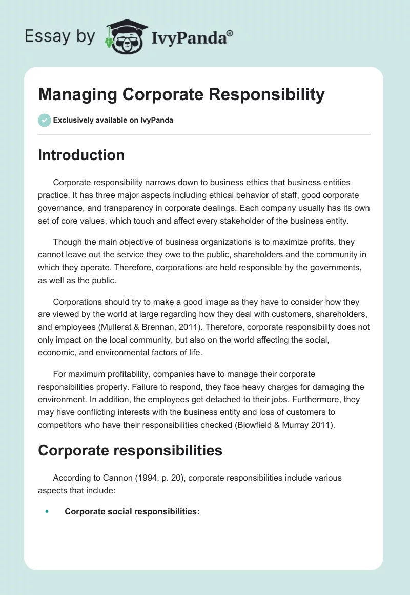 Managing Corporate Responsibility. Page 1