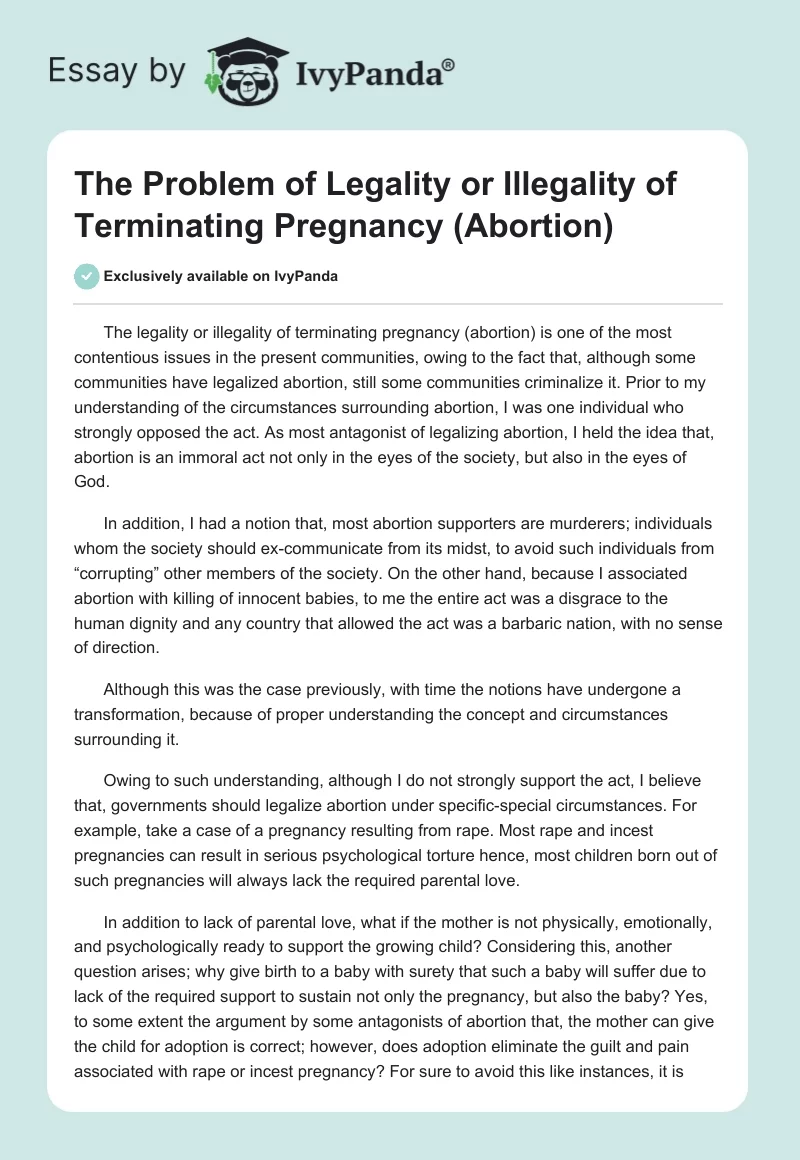 The Problem of Legality or Illegality of Terminating Pregnancy (Abortion). Page 1