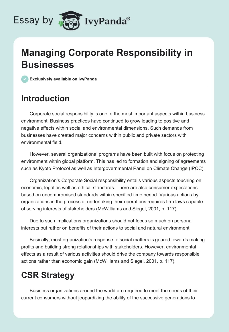 Managing Corporate Responsibility in Businesses. Page 1