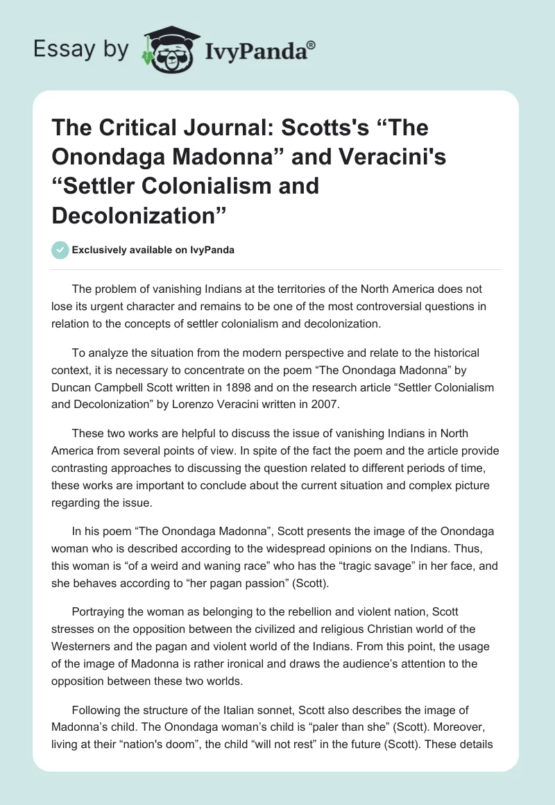 The Critical Journal: Scotts's “The Onondaga Madonna” and Veracini's “Settler Colonialism and Decolonization”. Page 1