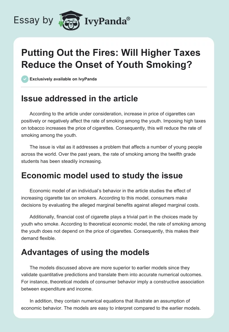 Putting Out the Fires: Will Higher Taxes Reduce the Onset of Youth Smoking?. Page 1