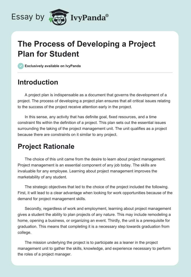 The Process of Developing a Project Plan for Student. Page 1