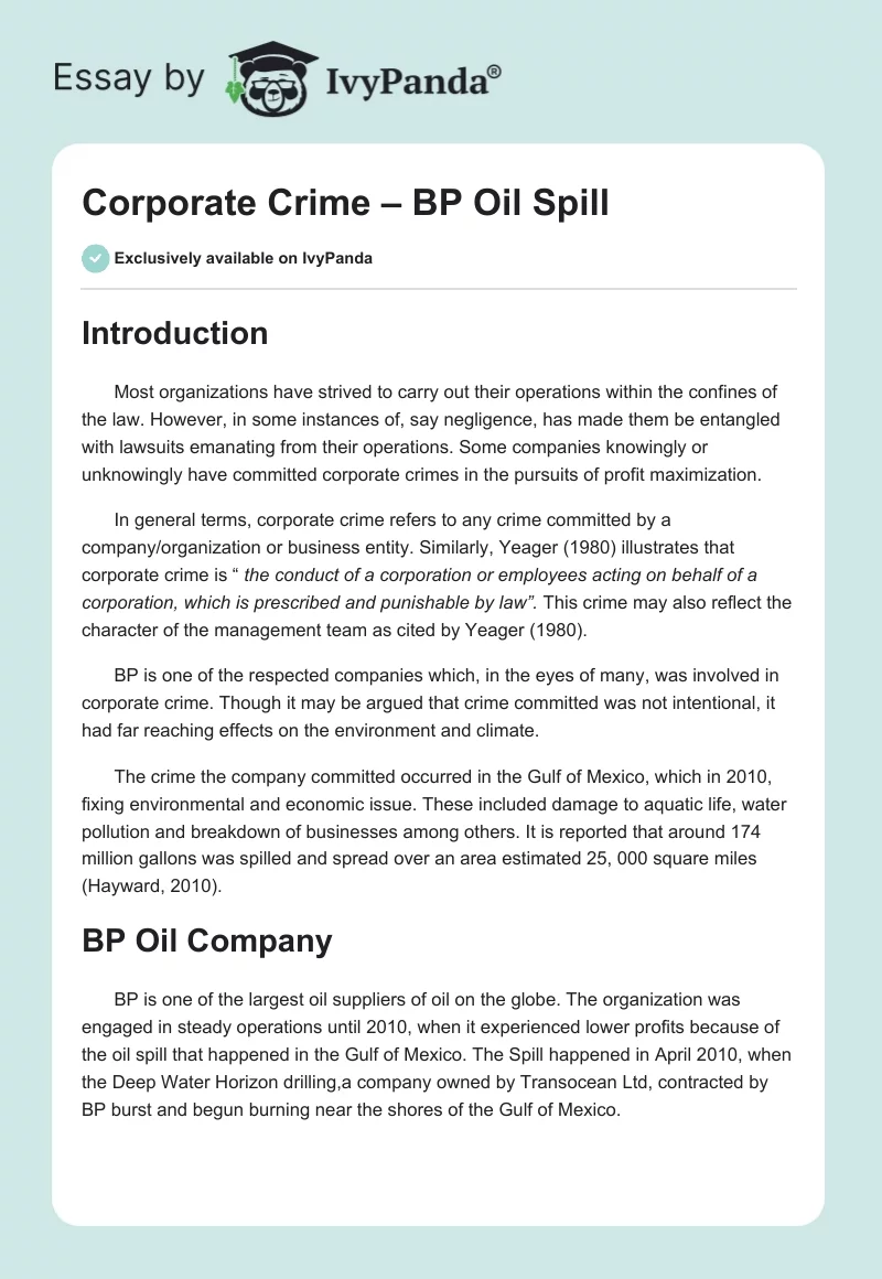 Corporate Crime – BP Oil Spill. Page 1