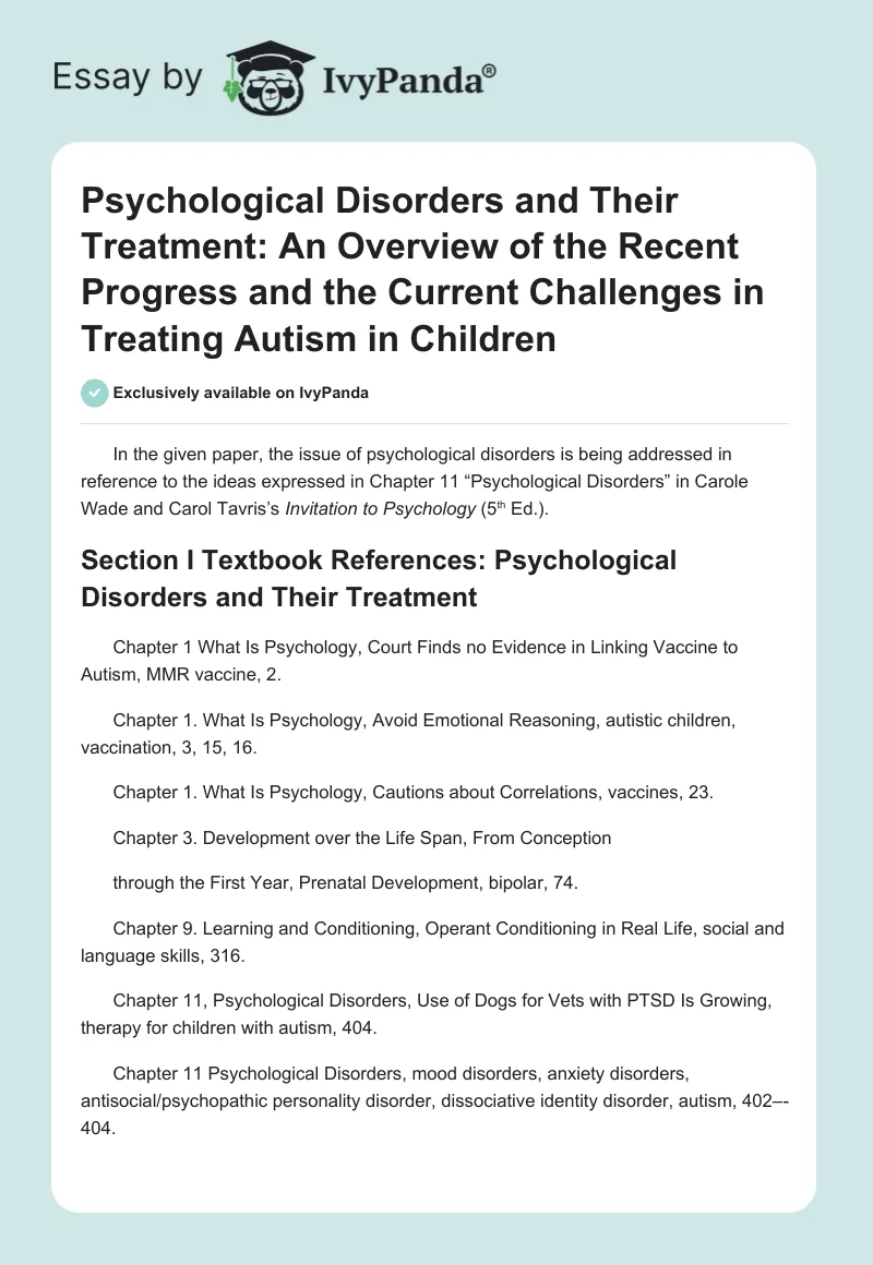 Psychological Disorders and Their Treatment: An Overview of the Recent Progress and the Current Challenges in Treating Autism in Children. Page 1