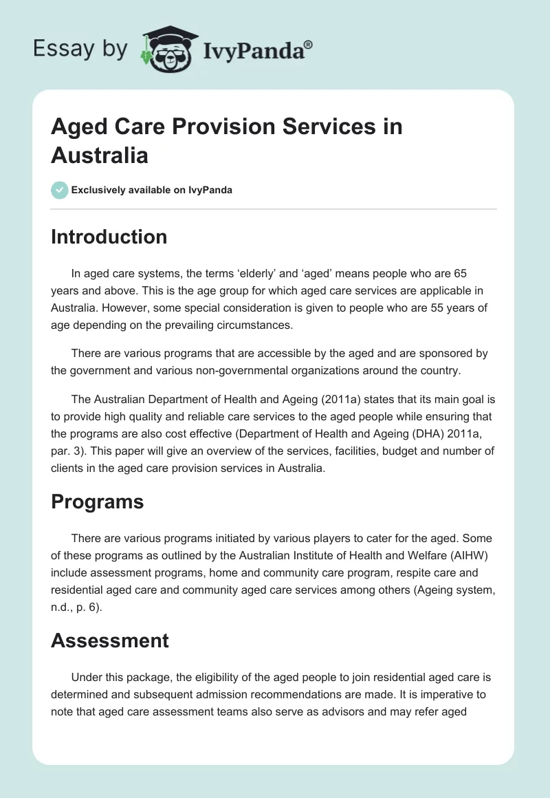 Aged Care Provision Services in Australia. Page 1