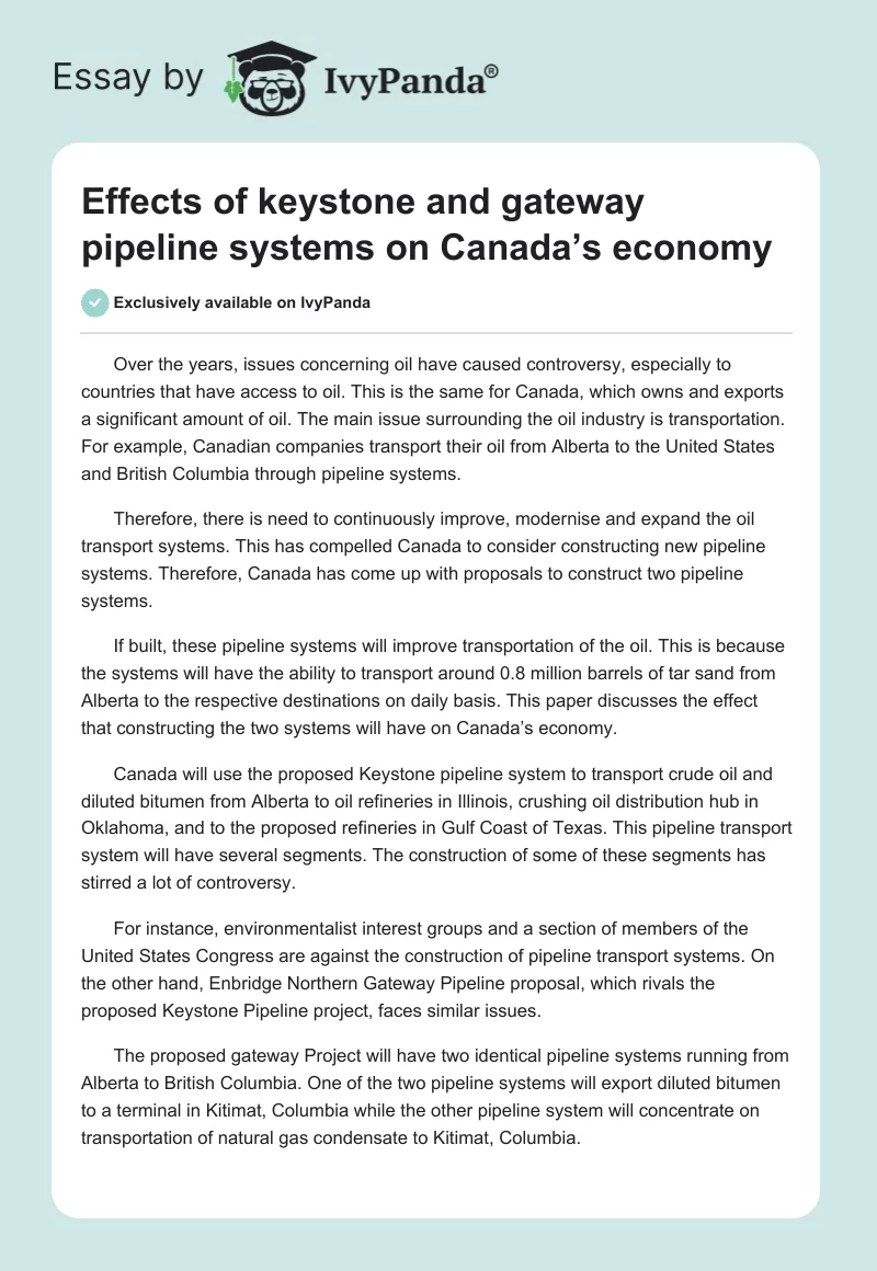 Effects of keystone and gateway pipeline systems on Canada’s economy. Page 1