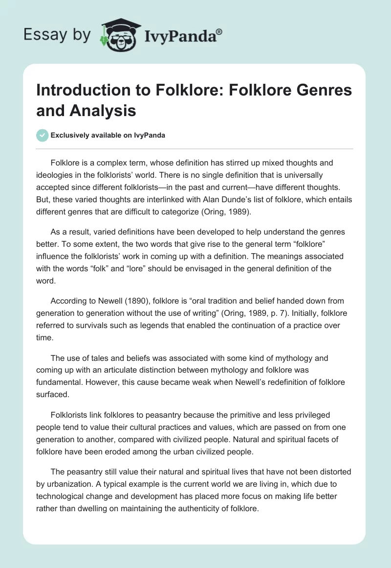 Introduction to Folklore: Folklore Genres and Analysis. Page 1