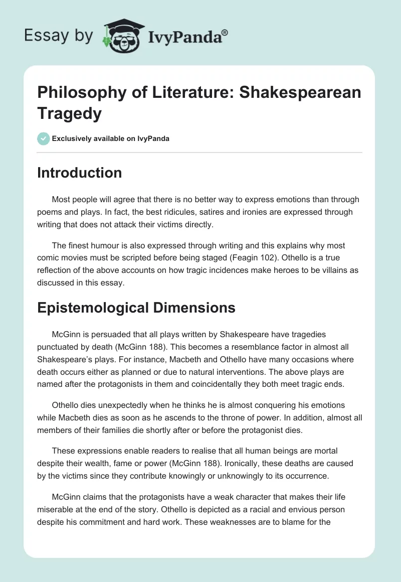 Philosophy of Literature: Shakespearean Tragedy. Page 1