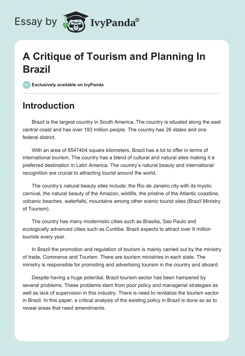 A Critique of Tourism and Planning In Brazil. Page 1