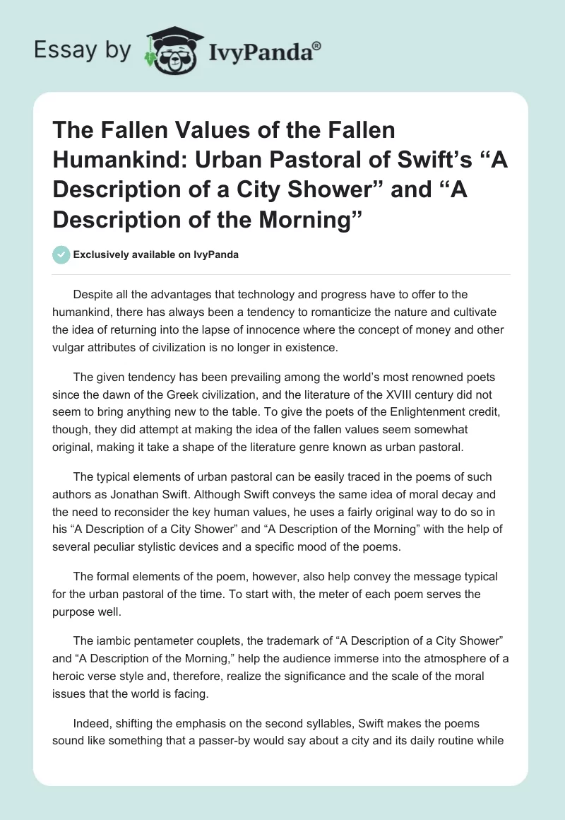 The Fallen Values of the Fallen Humankind: Urban Pastoral of Swift’s “A Description of a City Shower” and “A Description of the Morning”. Page 1