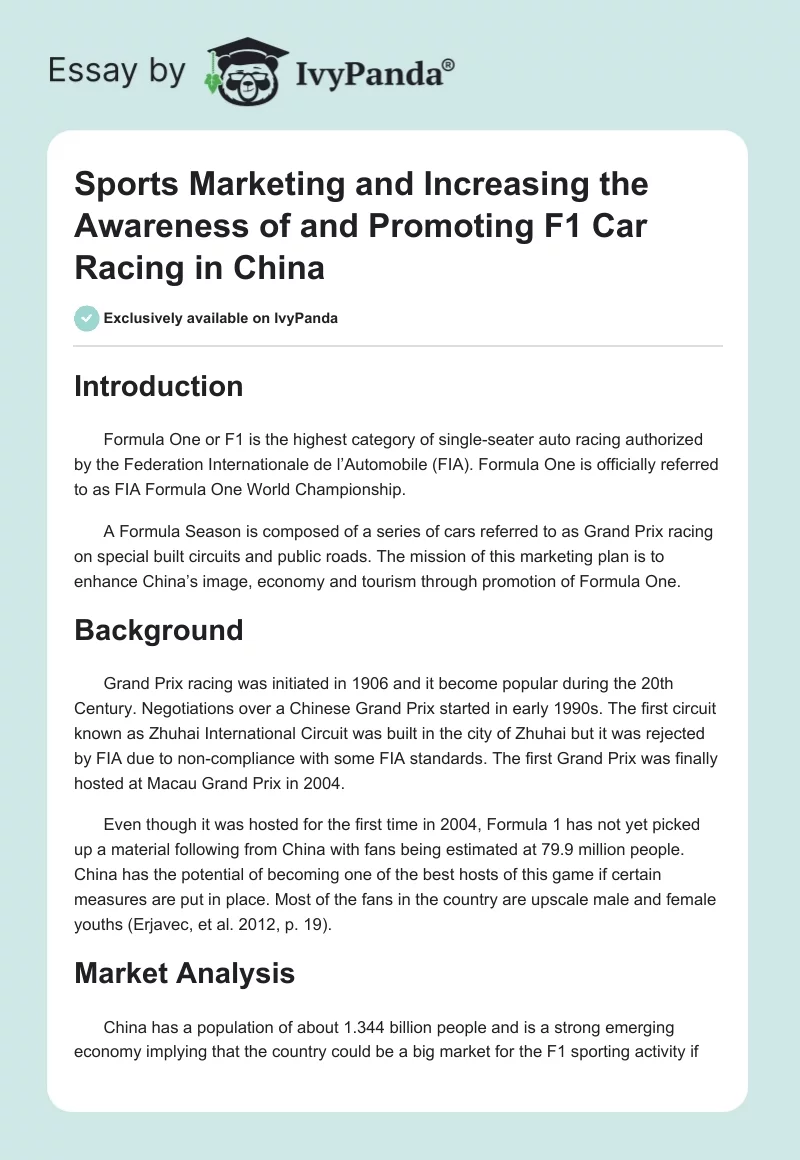 Sports Marketing and Increasing the Awareness of and Promoting F1 Car Racing in China. Page 1