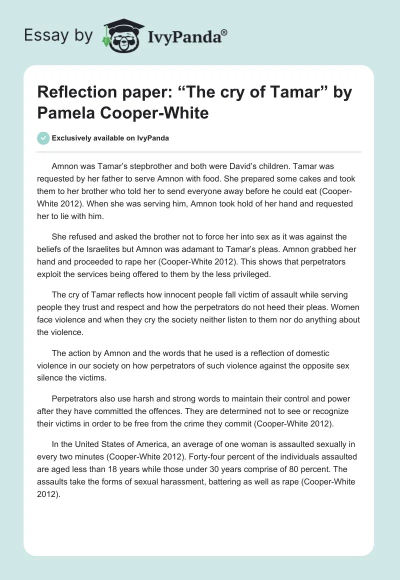 Reflection paper: “The cry of Tamar” by Pamela Cooper-White. Page 1