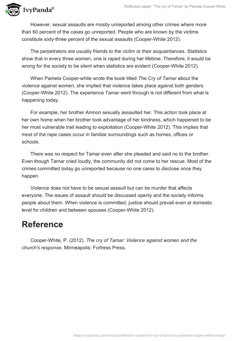 Reflection paper: “The cry of Tamar” by Pamela Cooper-White. Page 2