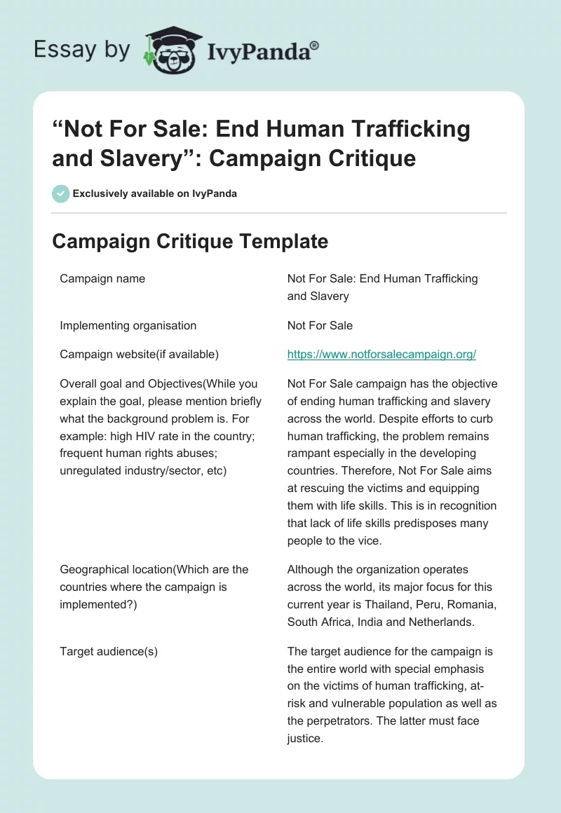 “Not For Sale: End Human Trafficking and Slavery”: Campaign Critique. Page 1