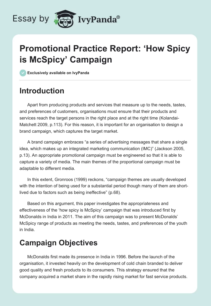 Promotional Practice Report: ‘How Spicy is McSpicy’ Campaign. Page 1