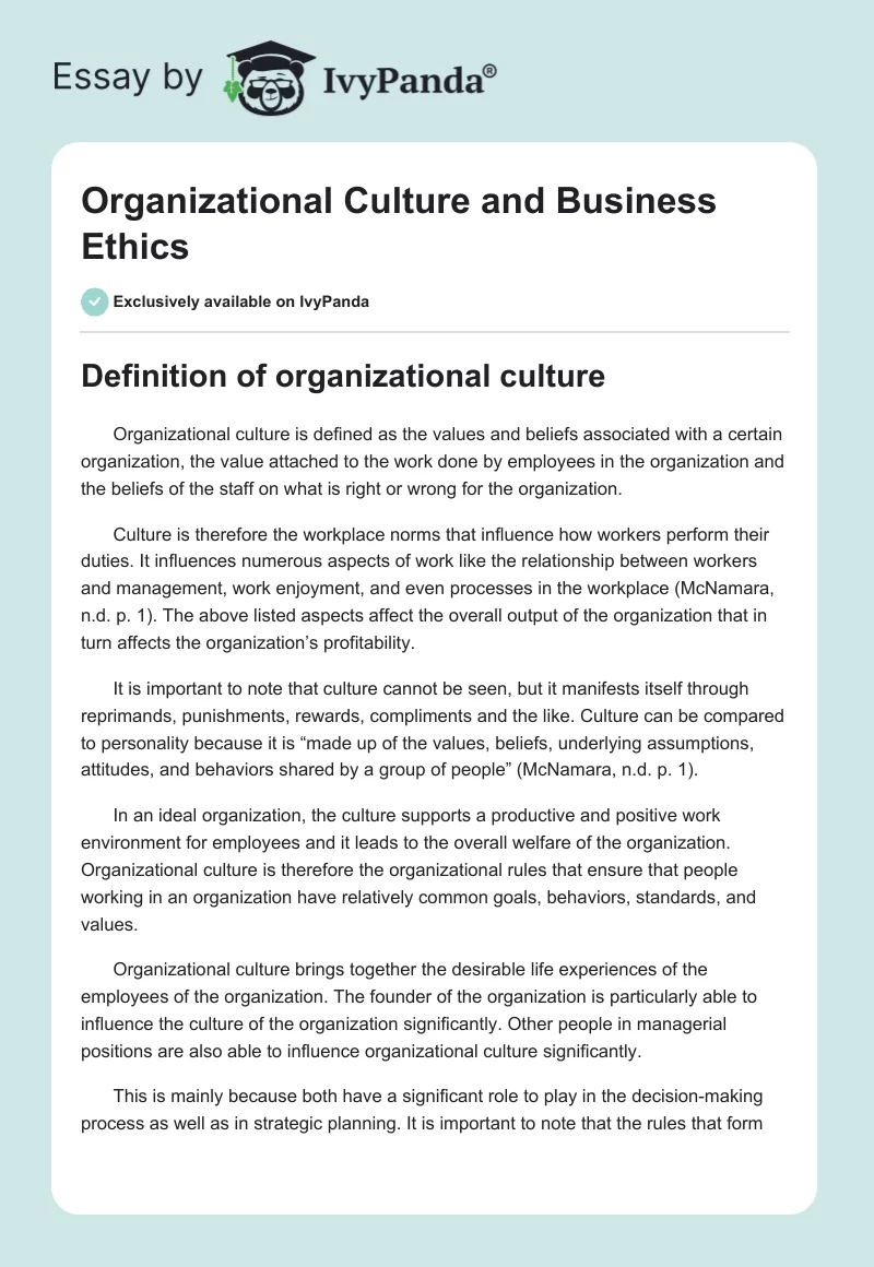 Organizational Culture and Business Ethics. Page 1
