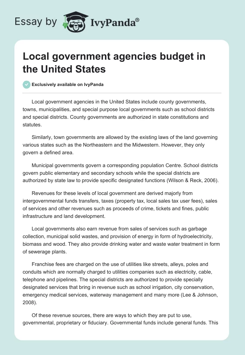 Local Government Agencies Budget in the United States. Page 1