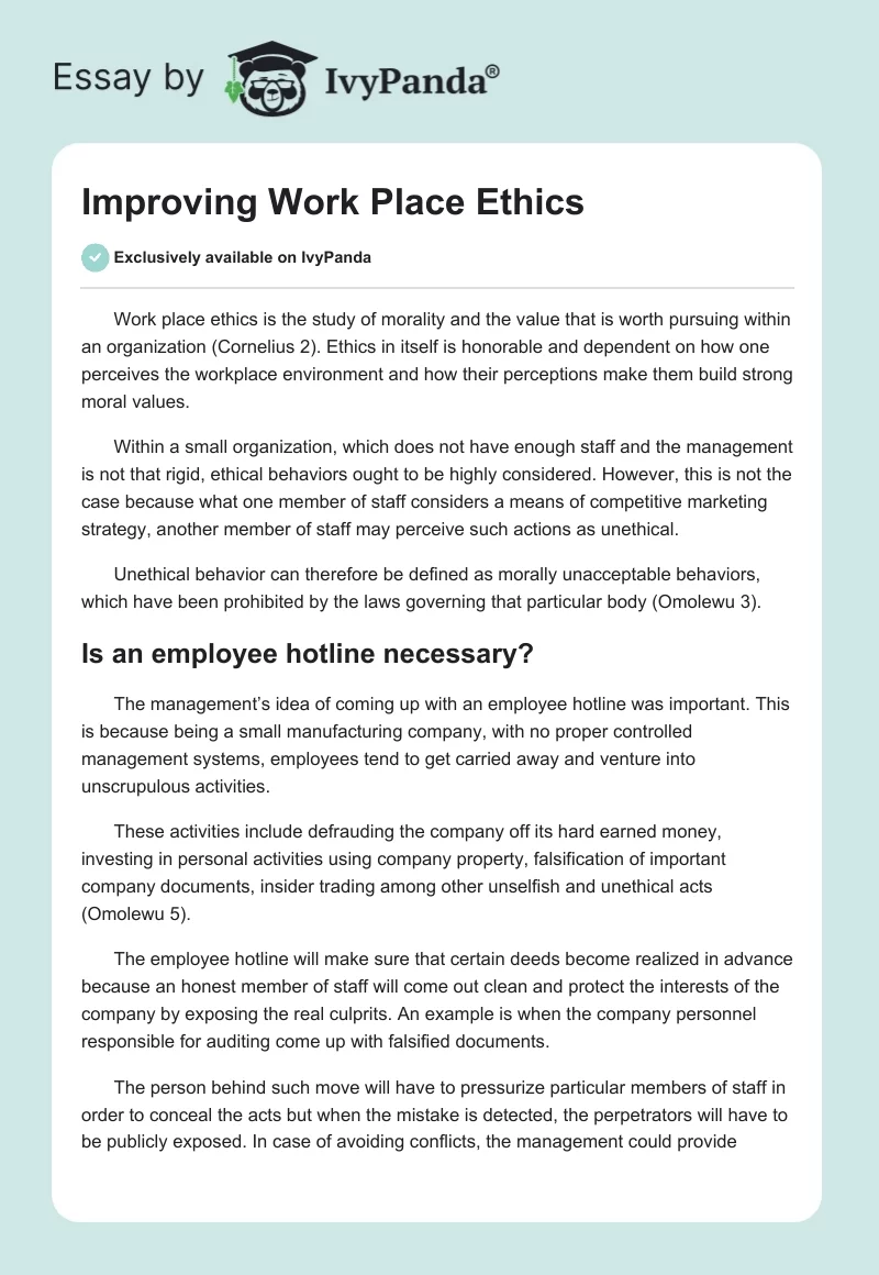 Improving Work Place Ethics. Page 1