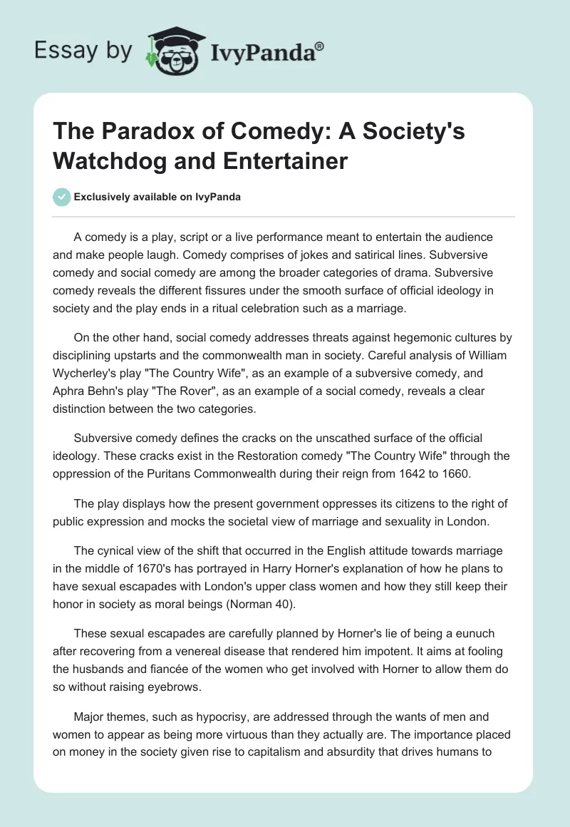 The Paradox of Comedy: A Society's Watchdog and Entertainer. Page 1