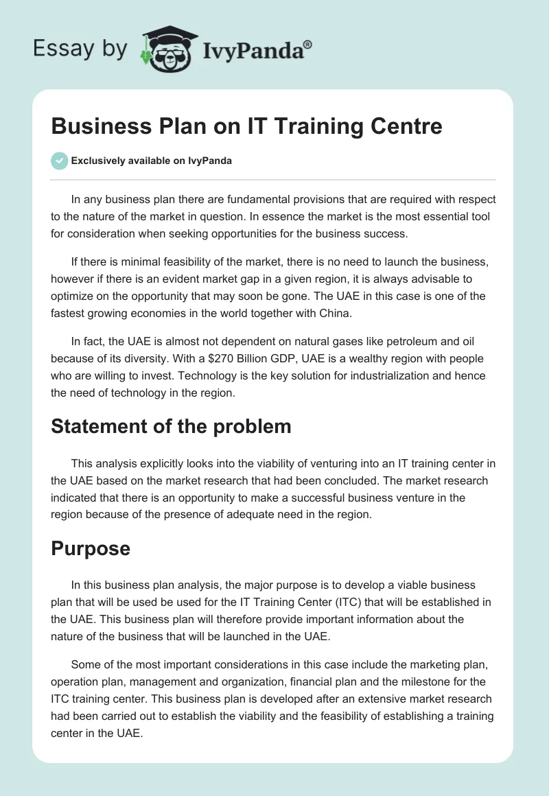 Business Plan on IT Training Centre. Page 1