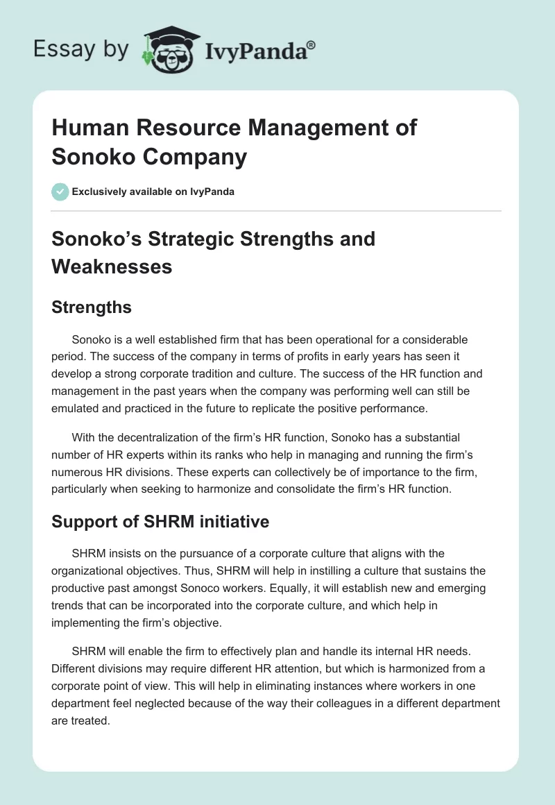 Human Resource Management of Sonoko Company. Page 1
