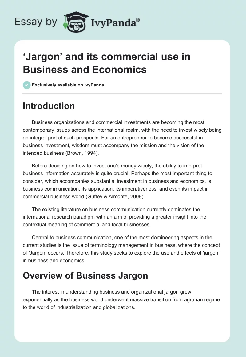 ‘Jargon’ and its commercial use in Business and Economics. Page 1