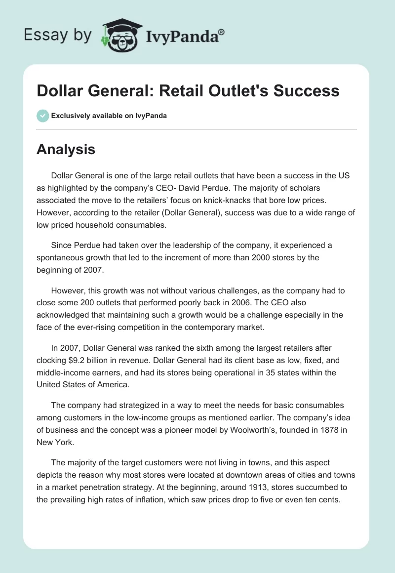 Dollar General: Retail Outlet's Success. Page 1