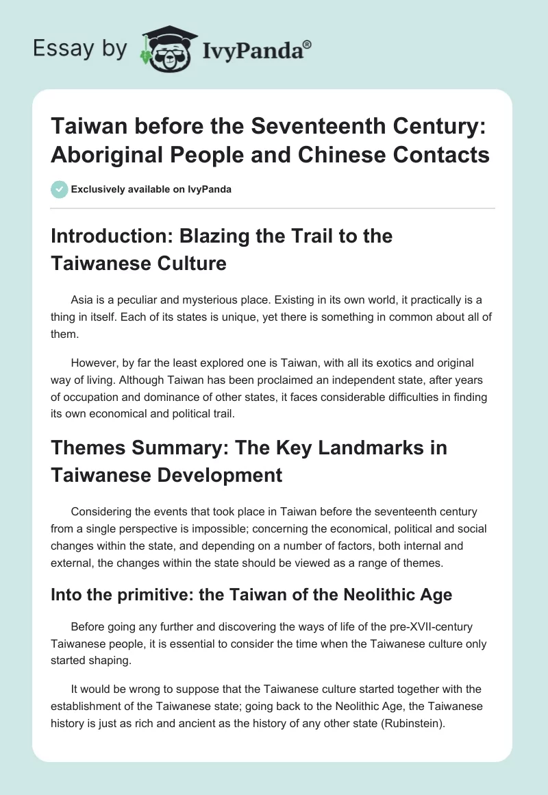 Taiwan before the Seventeenth Century: Aboriginal People and Chinese Contacts. Page 1
