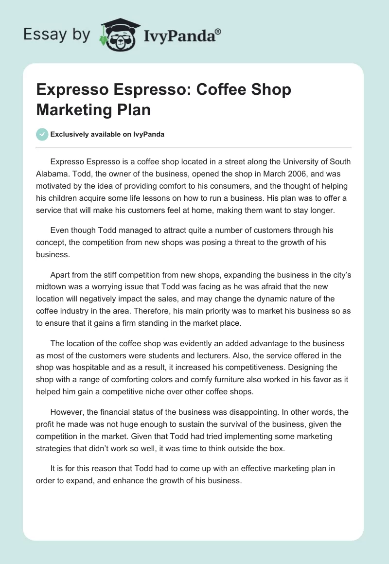 Expresso Espresso: Coffee Shop Marketing Plan. Page 1