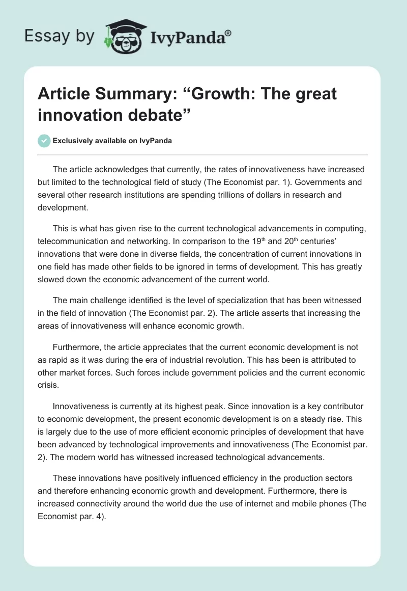 Article Summary: “Growth: The great innovation debate”. Page 1