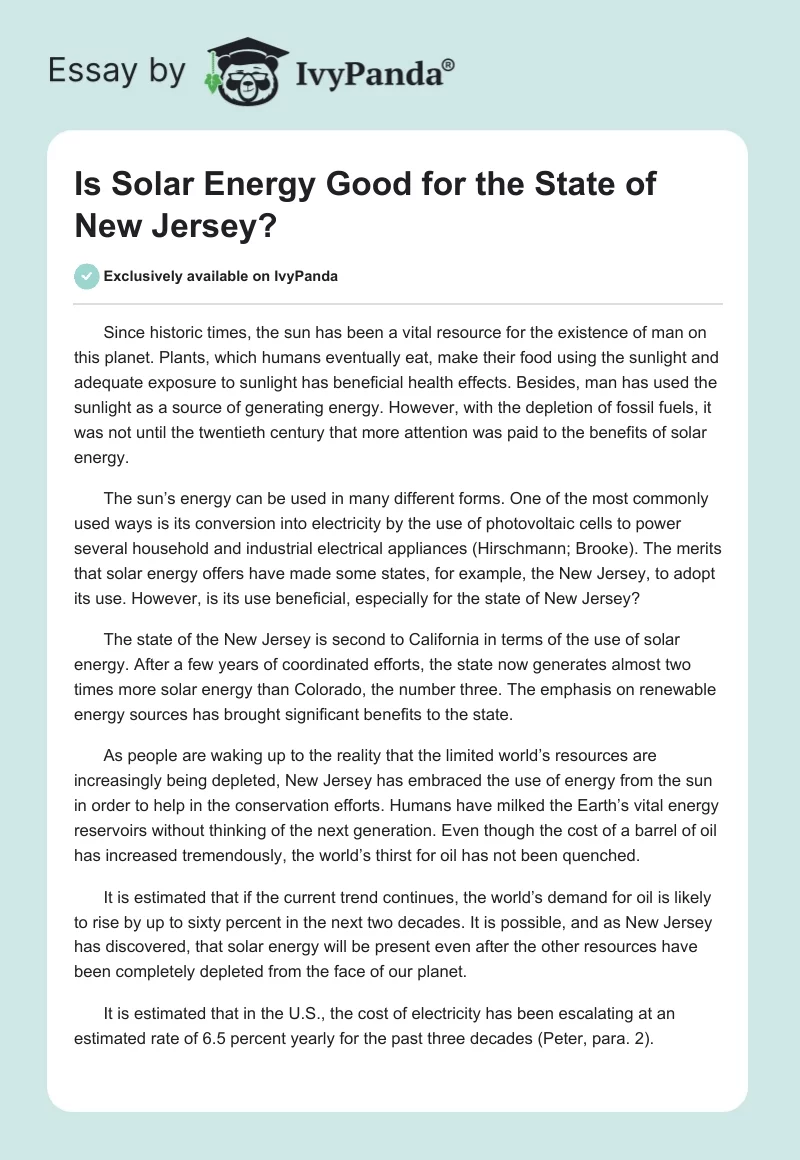 Is Solar Energy Good for the State of New Jersey?. Page 1