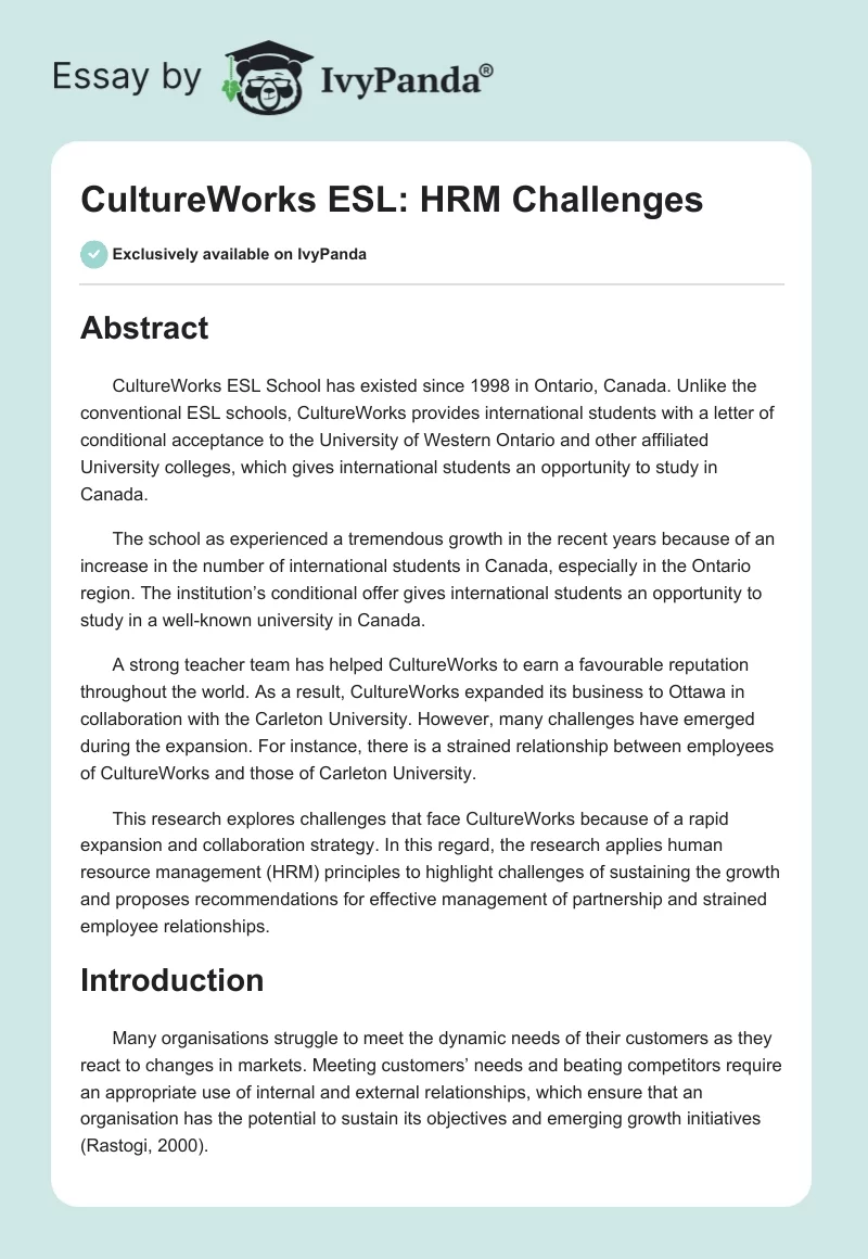 CultureWorks ESL: HRM Challenges. Page 1